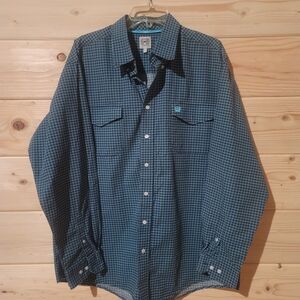 Cinch Blue Checkered Casual Button Down Shirt Size L 26x31